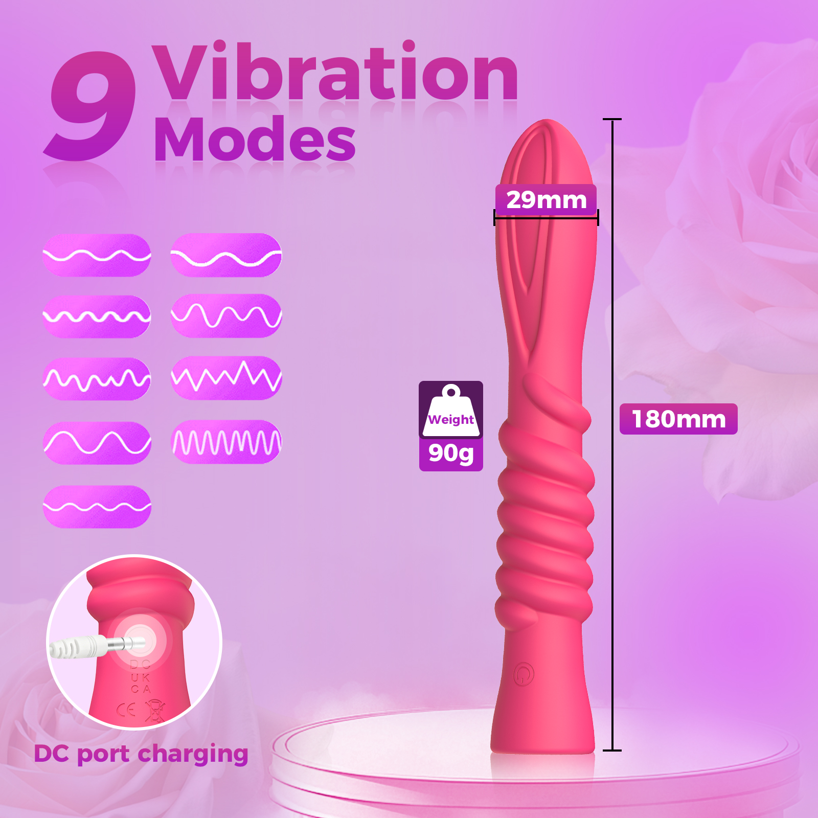 Women's App Controlled Vibrator Sex Toy in Sri Lanka with 9 vibration modes, rechargeable DC charging, 180mm length, 33mm diameter and lightweight 95g design.
