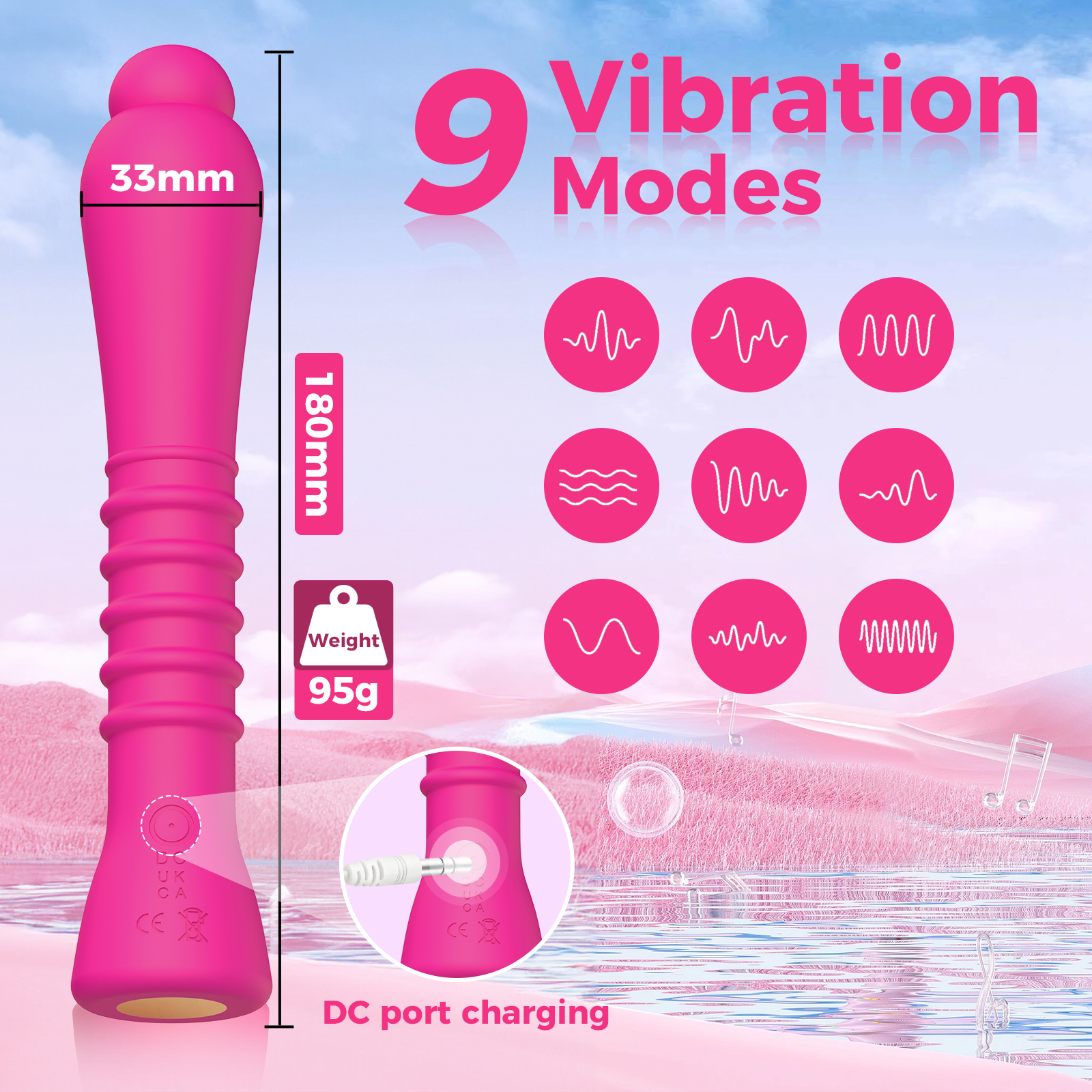Women's App Controlled Vibrator Sex Toy in Sri Lanka with 9 vibration modes, rechargeable DC charging, 180mm length, 33mm diameter and lightweight 95g design.